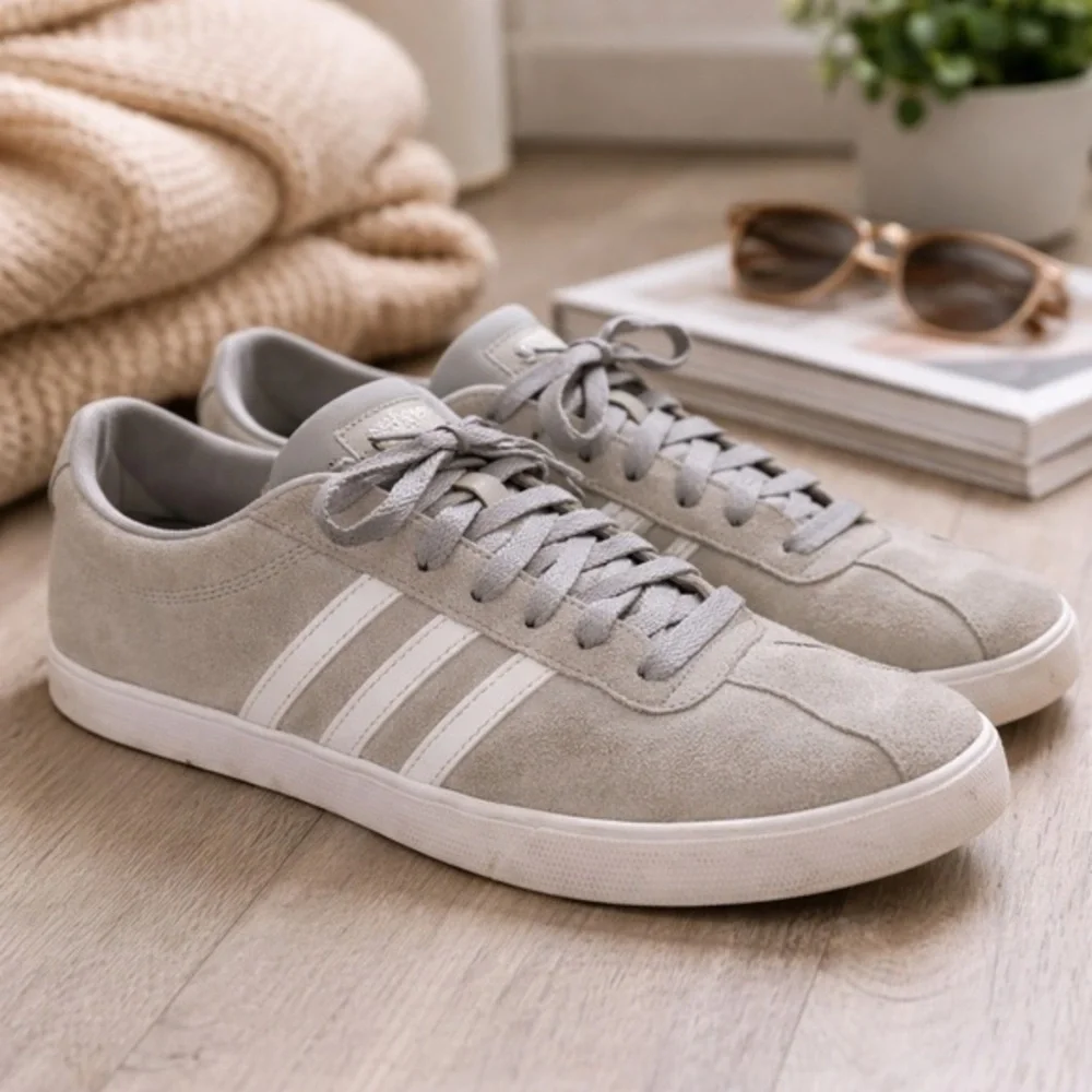 Adidas VL Court 2.0 Gray Suede Low Top Sneakers White Stripes Mens 9.5 Womens 11